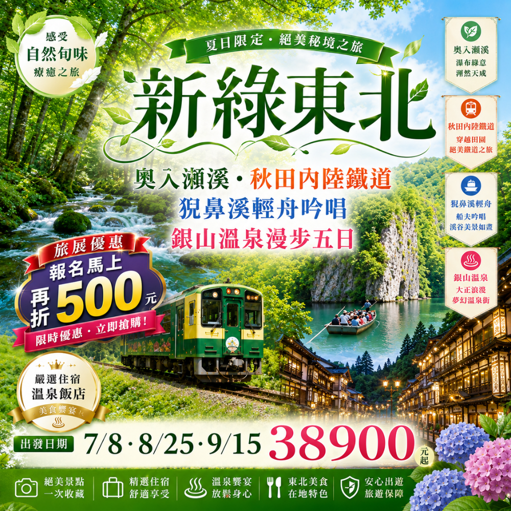新綠東北~奧入瀨溪.秋田內陸鐵道猊鼻溪輕舟吟唱.銀山溫泉漫步五日