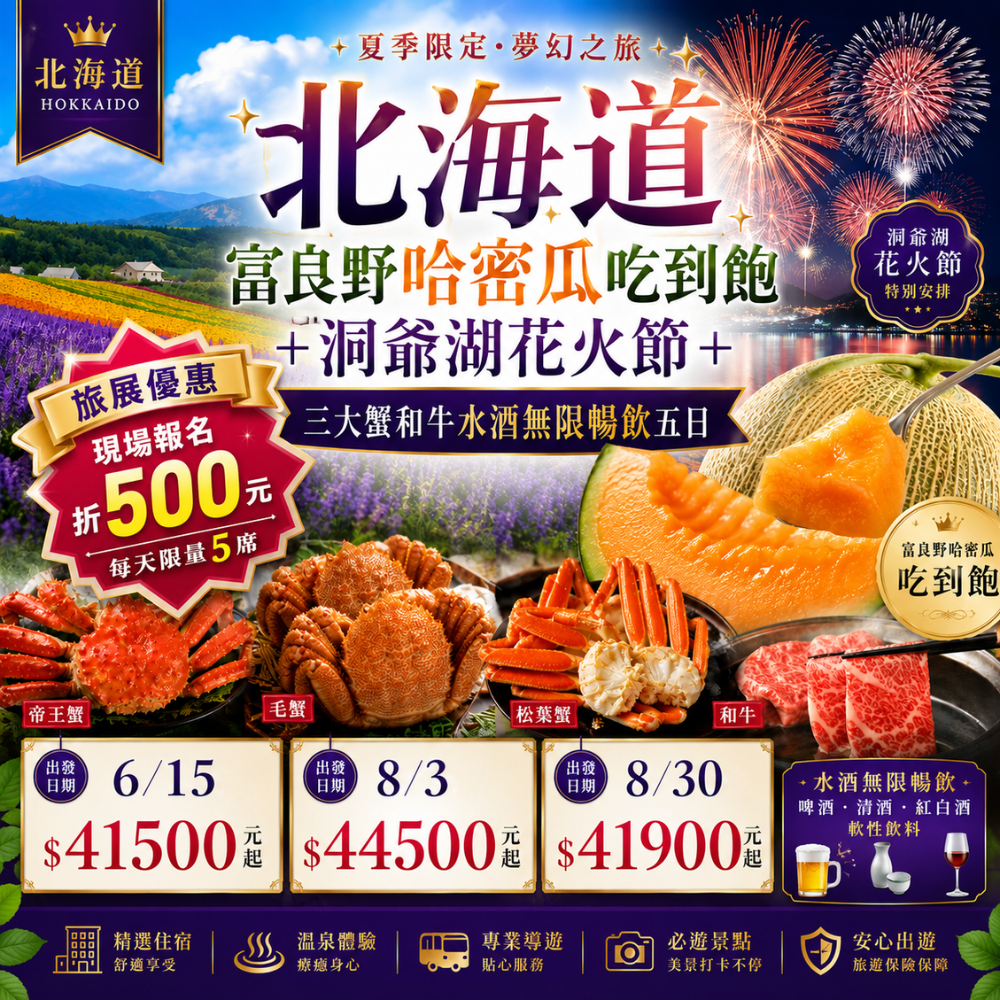 北海道富良野哈密瓜吃到飽+洞爺湖花火節+三大蟹和牛水酒無限暢飲五日