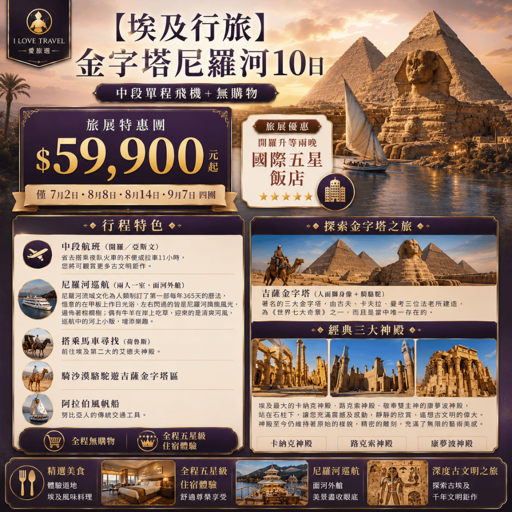【埃及行旅】金字塔尼羅河10日(中段單程飛機+無購物)