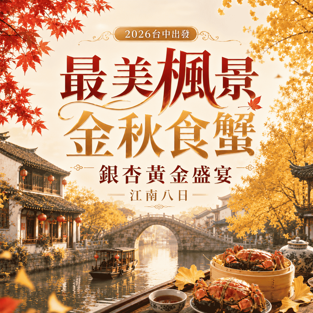 2026台中出發-最美楓景 金秋食蟹 銀杏黃金盛宴 江南八日(豪華升等三排椅/只走珍珠)
