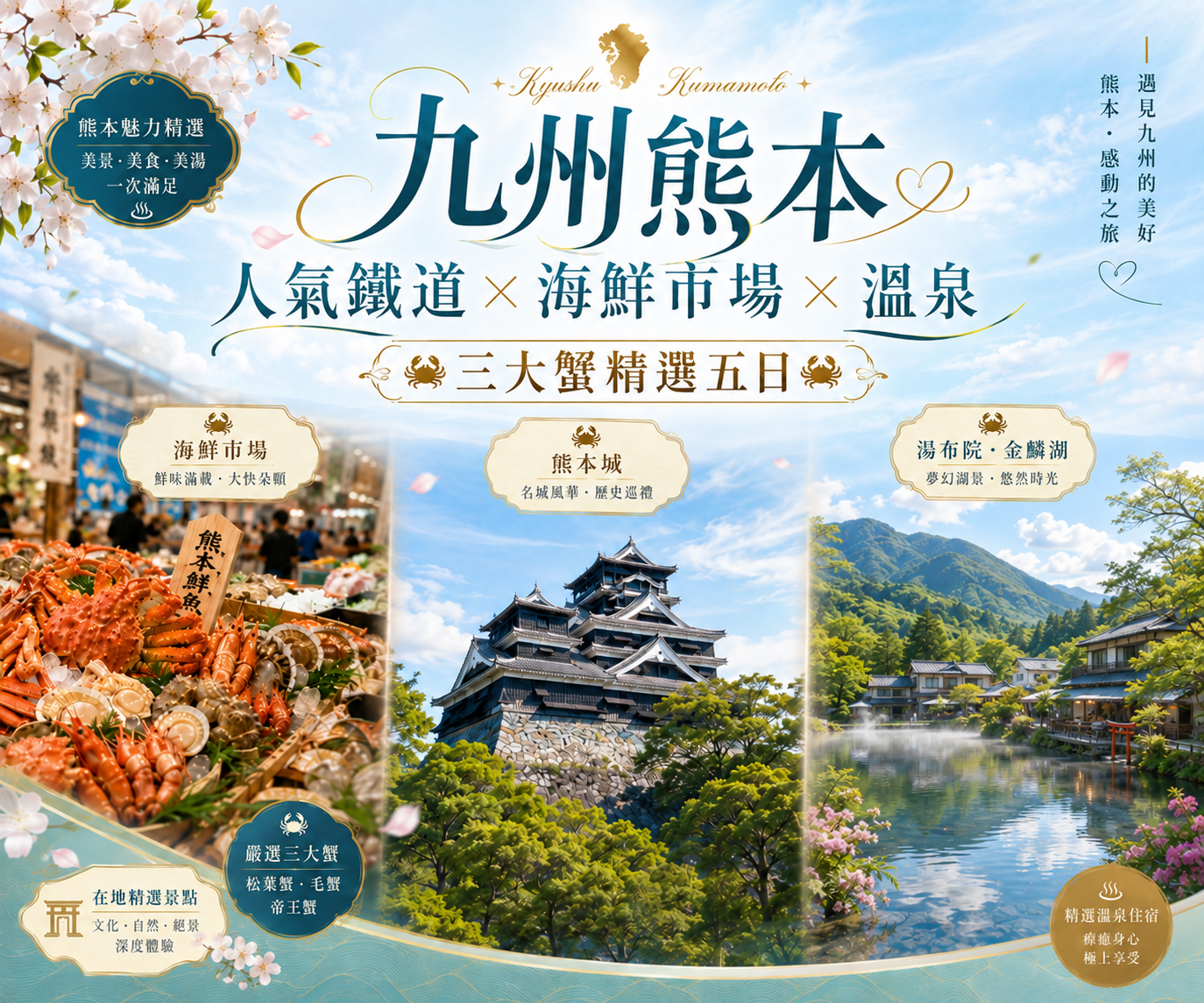 九州熊本人氣鐵道×海鮮市場×溫泉三大蟹精選五日